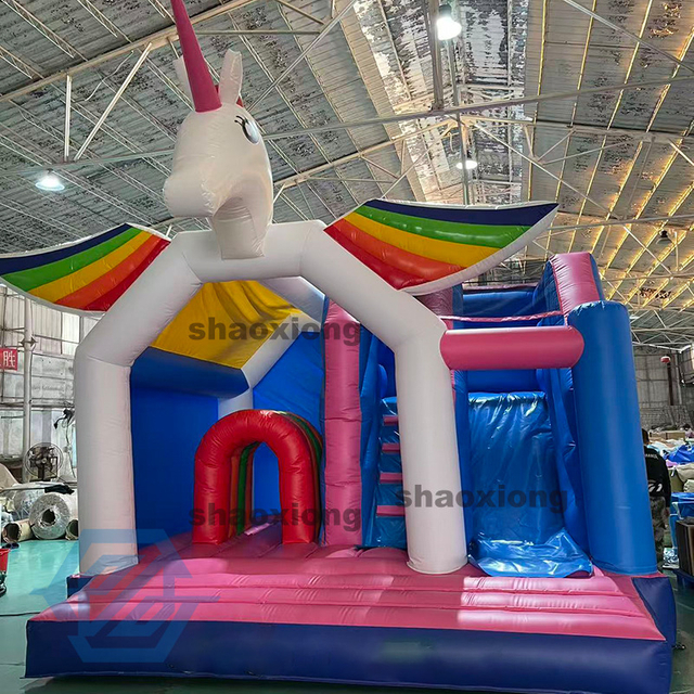 Inflatable Rainbow Horse Theme Bounce House with Slide