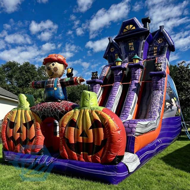 Inflatable Pumpkin Farm Halloween Double Slides Whit Blower