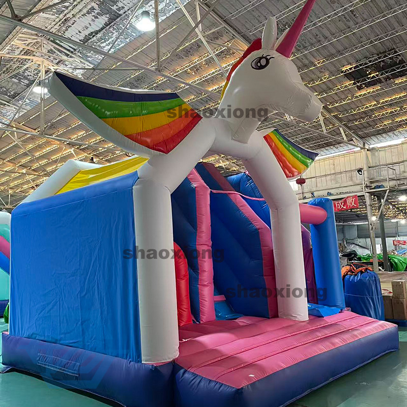 Inflatable Rainbow Horse Theme Bounce House with Slide