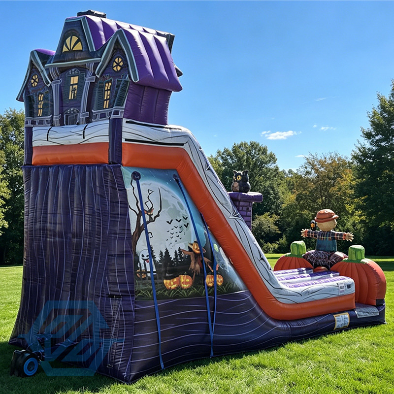 Inflatable Pumpkin Farm Halloween Double Slides Whit Blower
