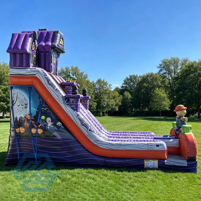 Inflatable Pumpkin Farm Halloween Double Slides Whit Blower