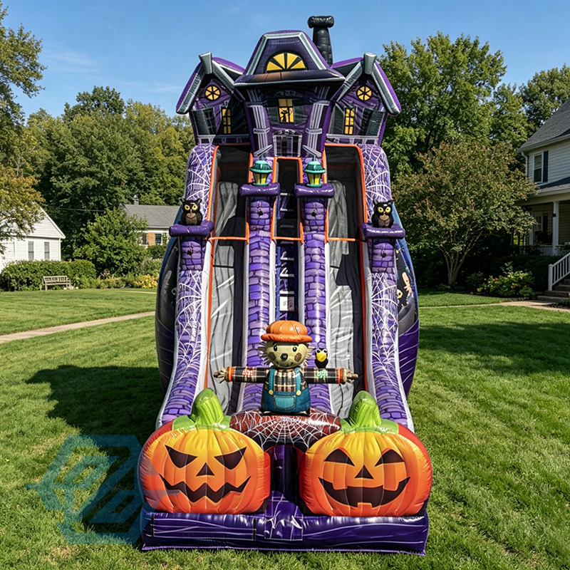 Inflatable Pumpkin Farm Halloween Double Slides Whit Blower