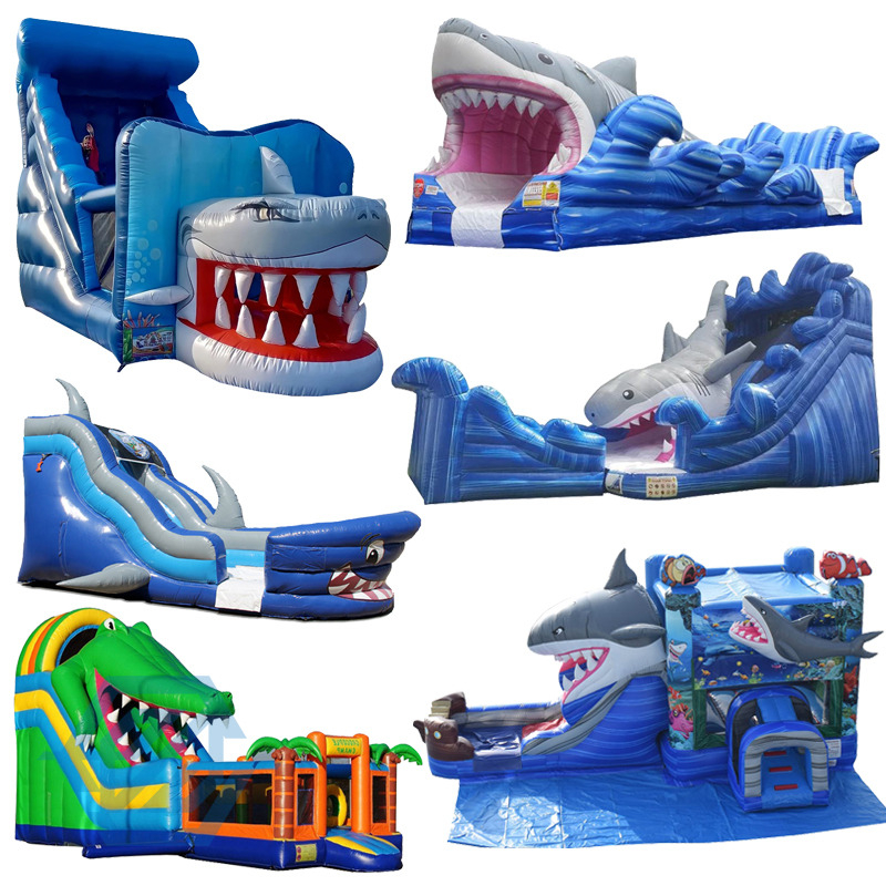 Nadmuchiwane zjeżdżalnie dla dzieci z motywem oceanu rekina na świeżym powietrzu 