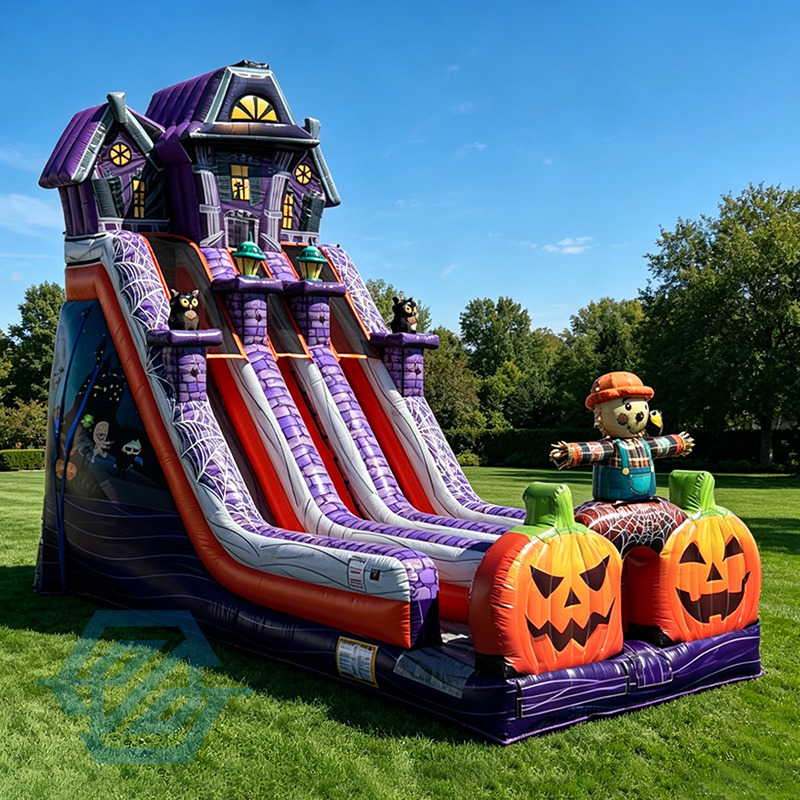 Inflatable Pumpkin Farm Halloween Double Slides Whit Blower