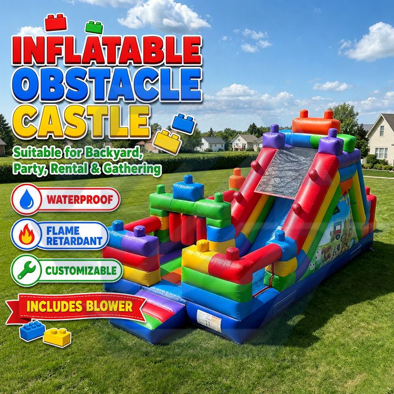 Building Block Bounce House with Obstacle and Slide